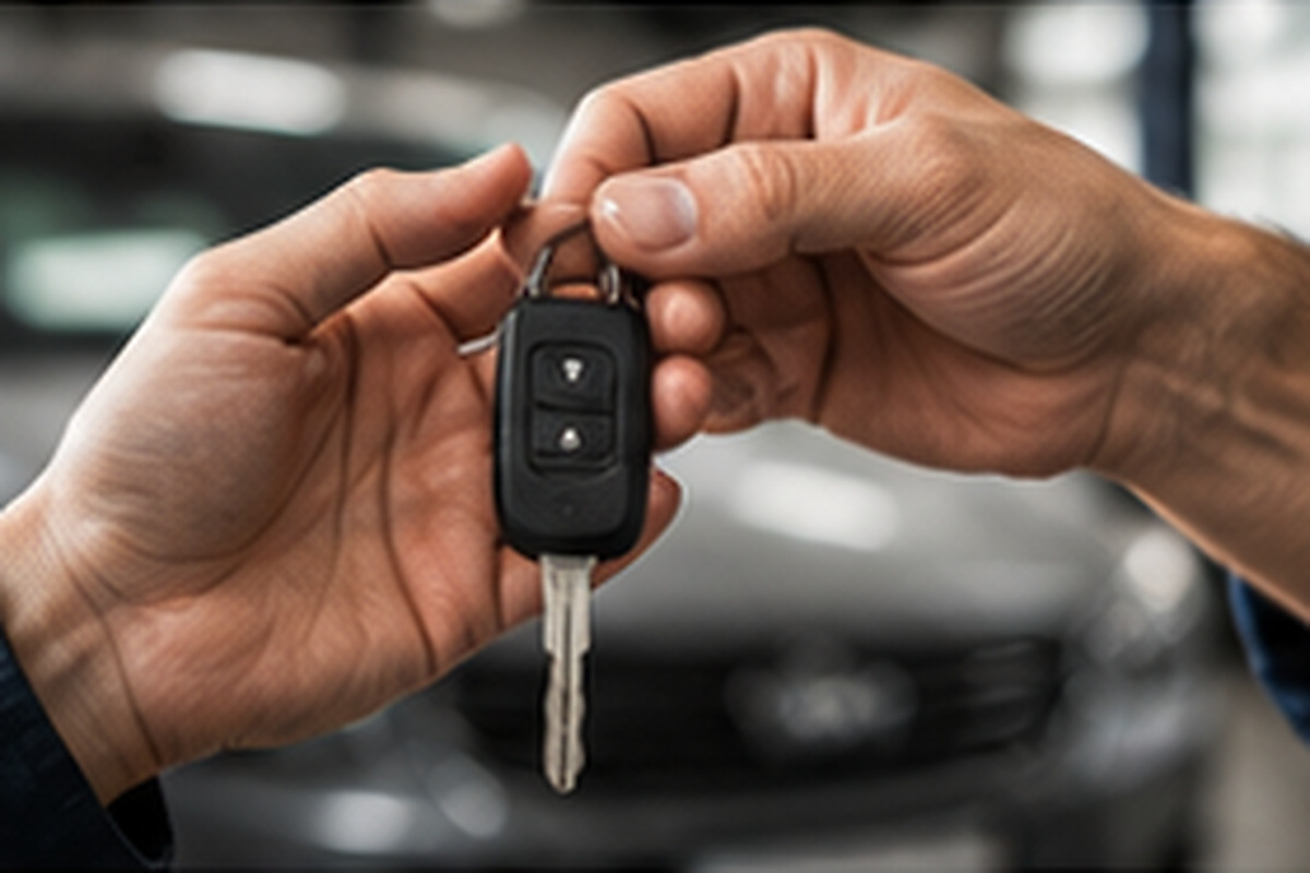 Customer receiving vehicle keys after automotive service